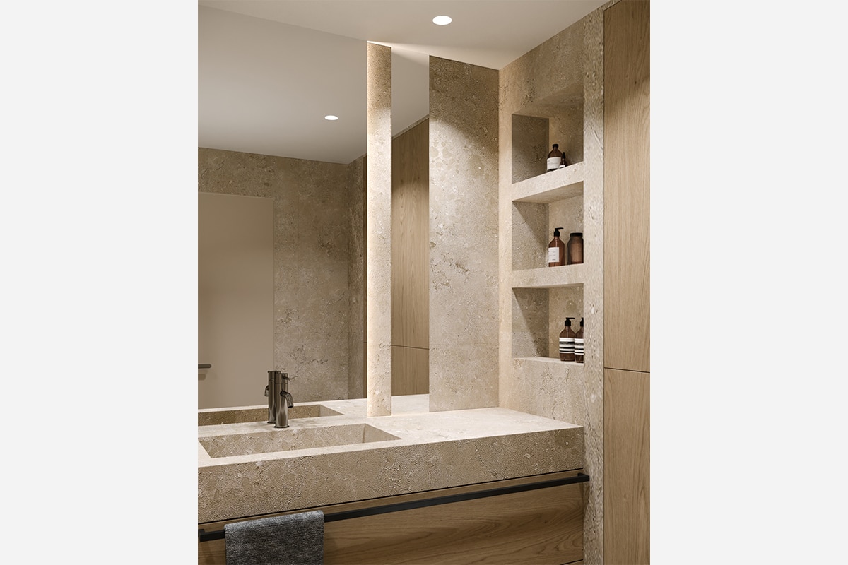 Bathroom with niches, mirror and backlight