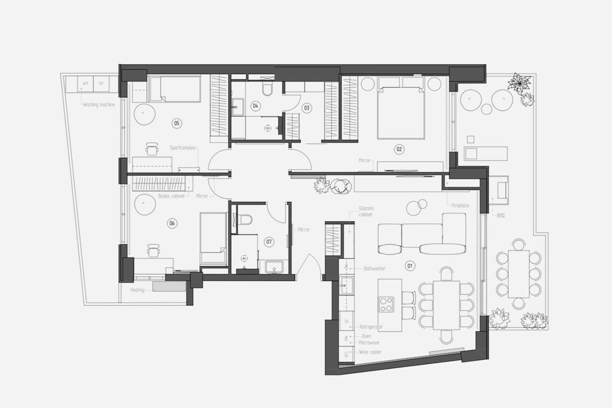 The plan of a three-room apartment