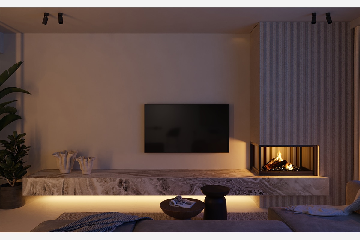 TV area with fireplace and lighting