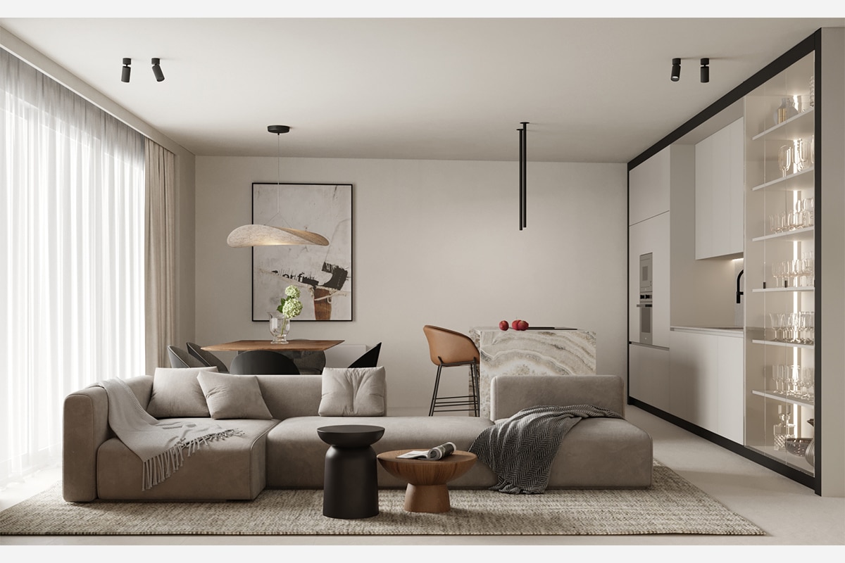 The interior of the living room in beige tones