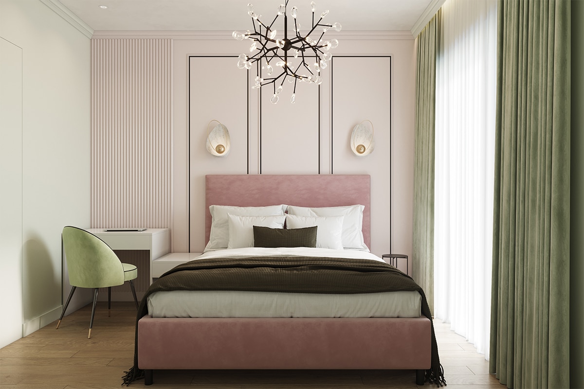 Bedroom in pink pastel colors