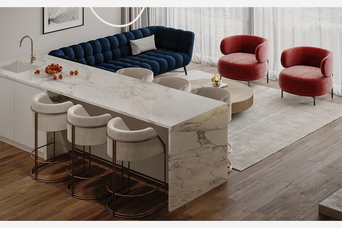 Marble island in the kitchen with bar chairs