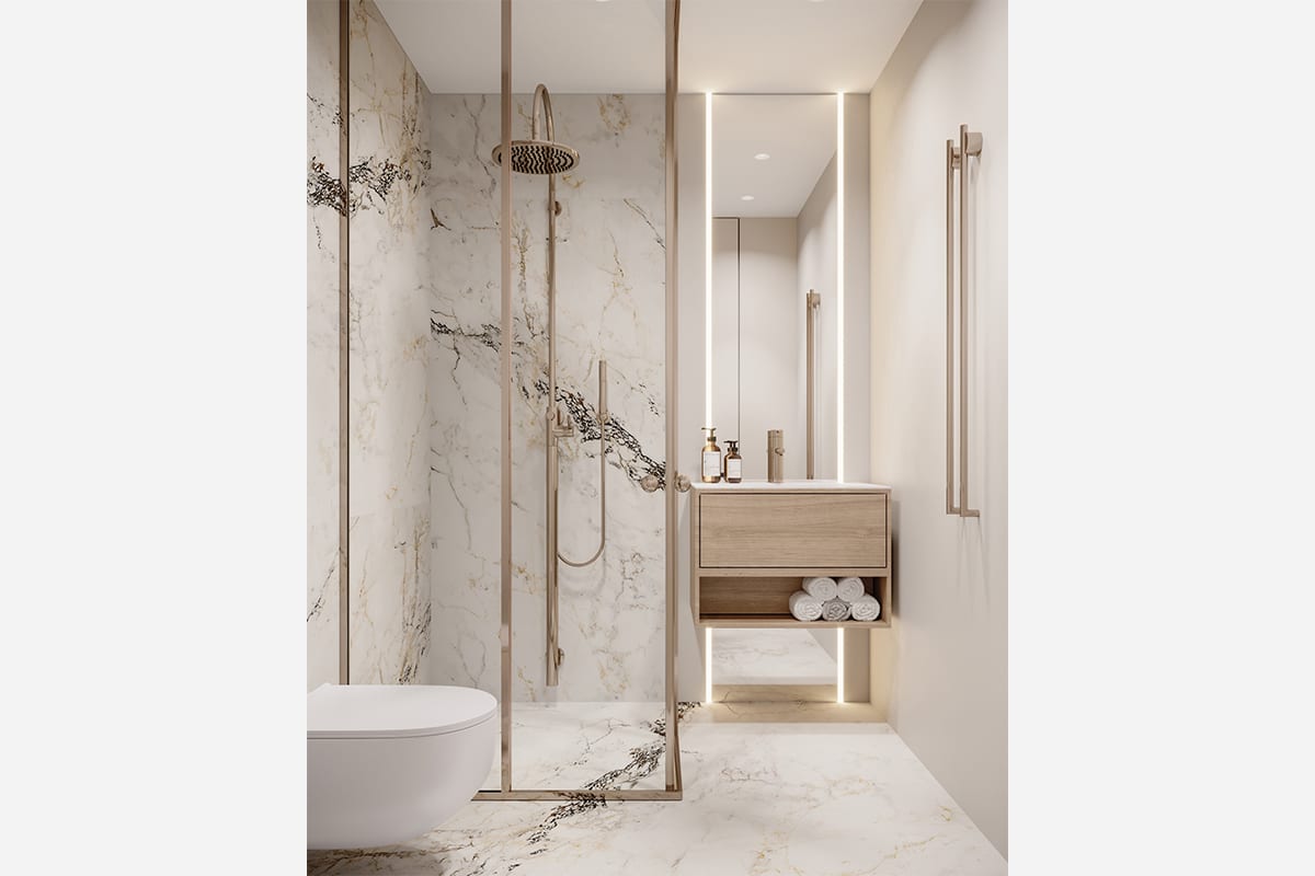 Small bathroom interior design with marble