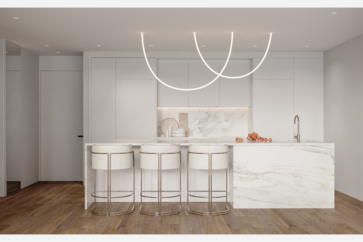 White stylish kitchen with marble island