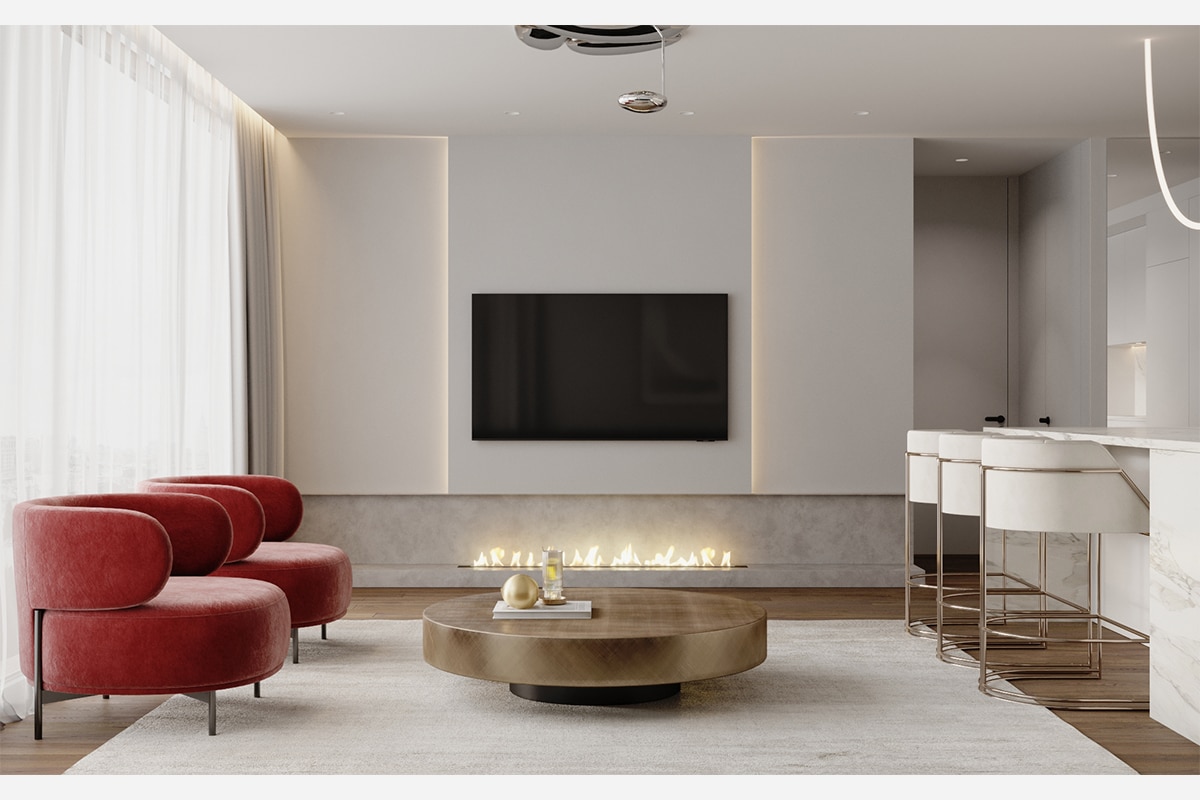 Minimalistic TV zone with fireplace