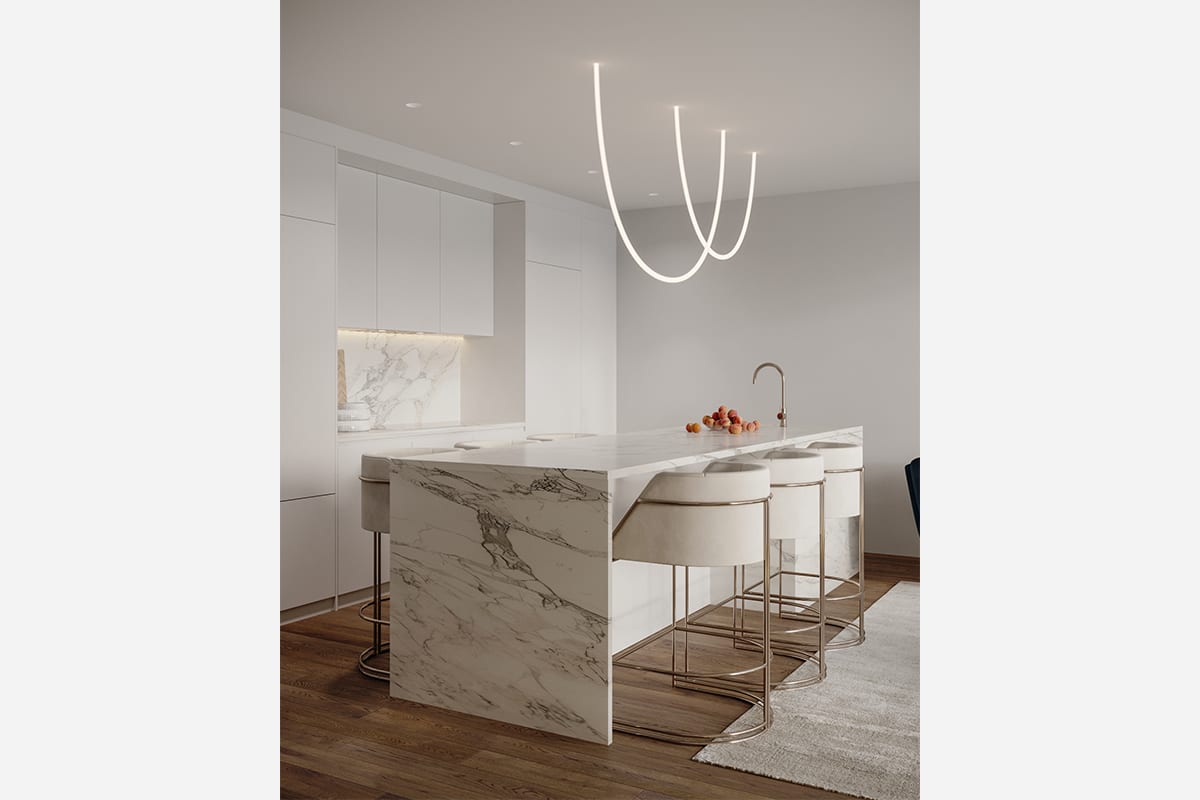 White kitchen interior with marble island