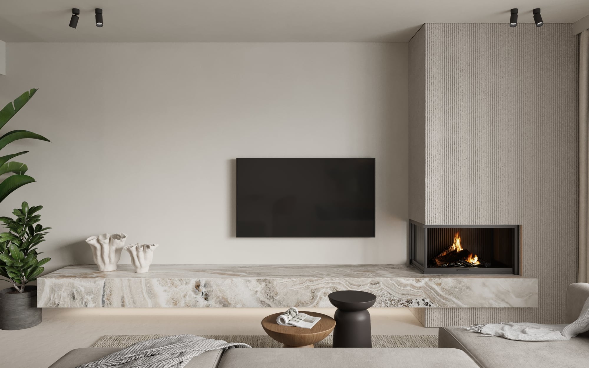 Interior design of living room with fireplace