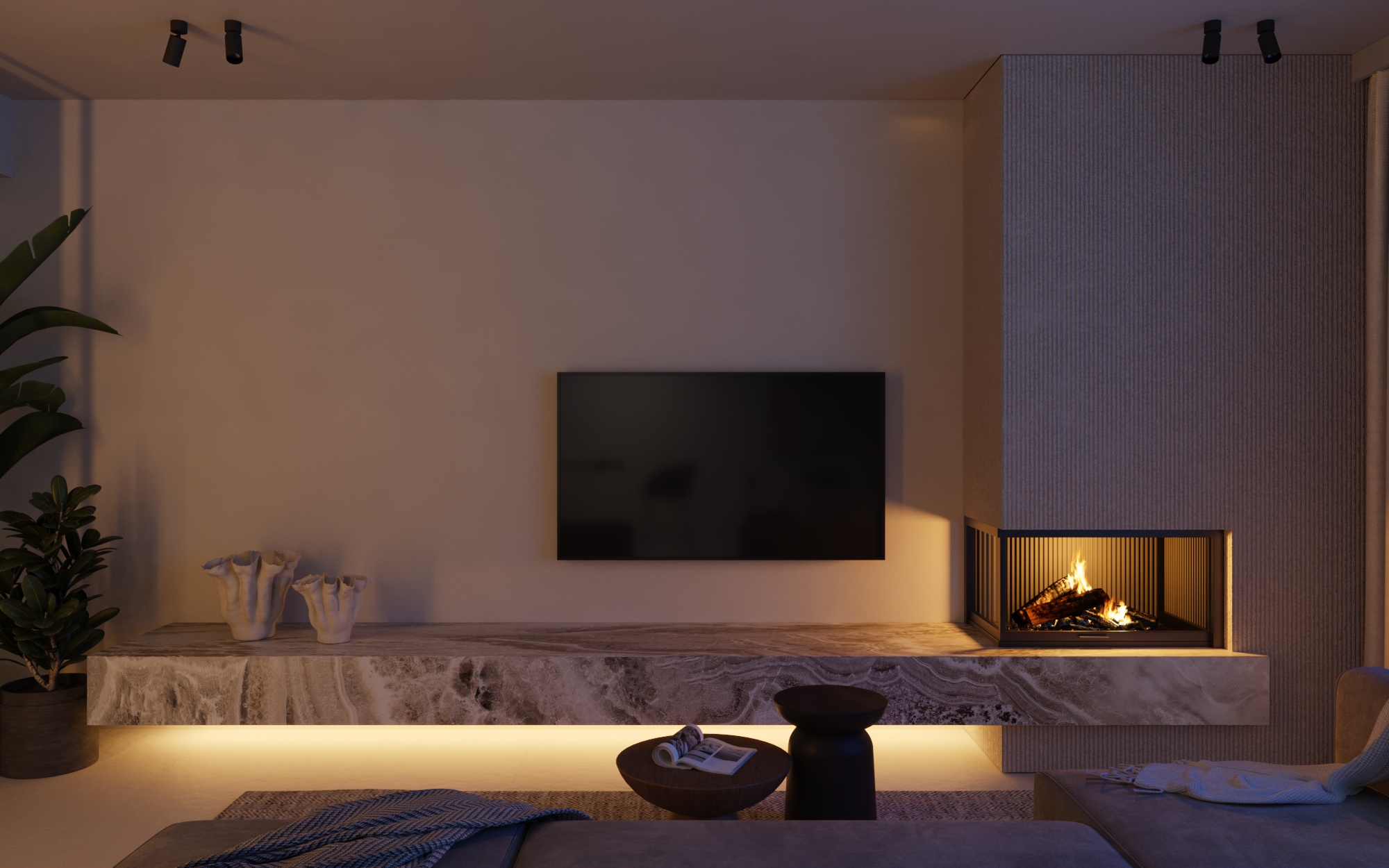 TV zone with fireplace minimalistic design