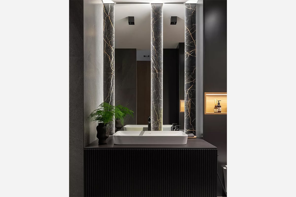 Black dark bathroom interior with marble