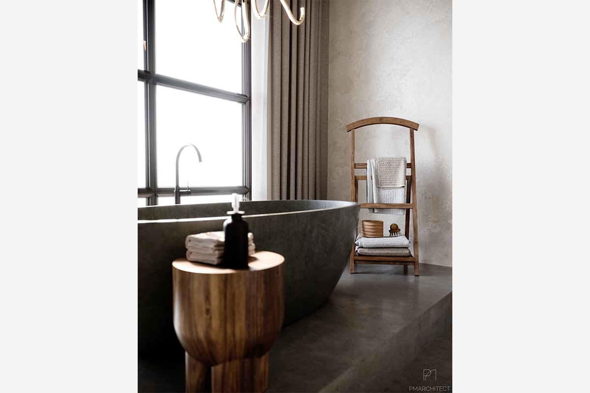 Bathroom interior design with freestanding bathtub and concrete trim