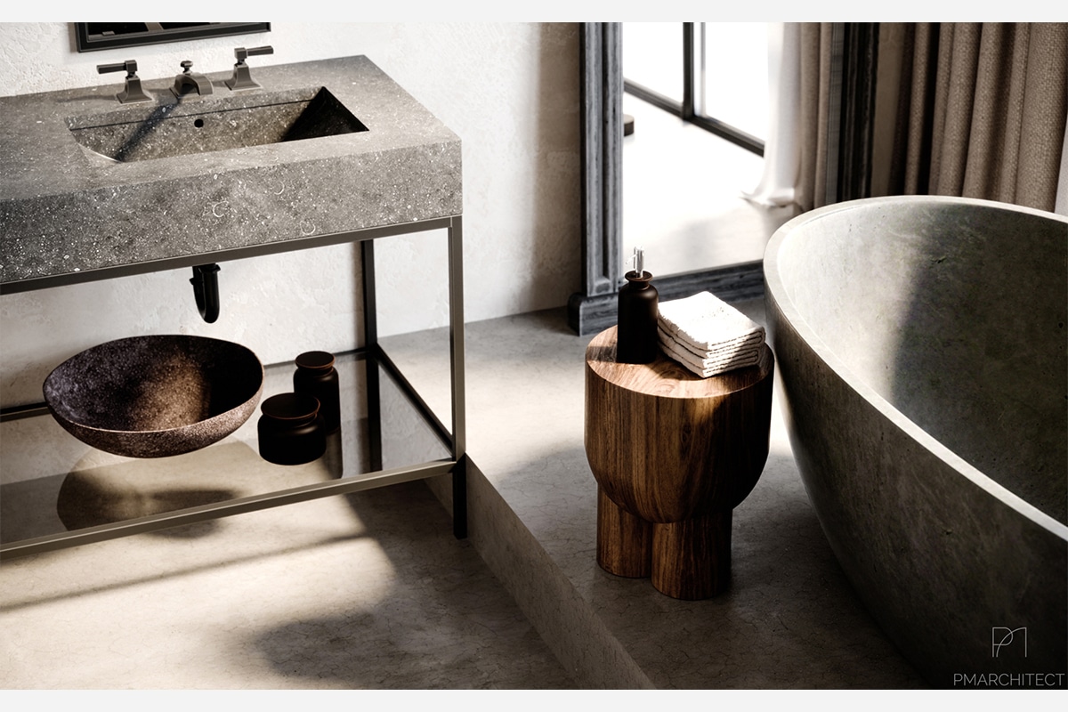 Bathroom interior design with concrete trim and double sink