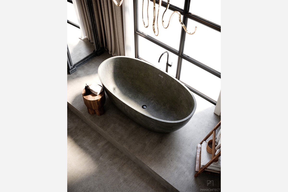 Interior design of a bathroom with a free-standing bathtub