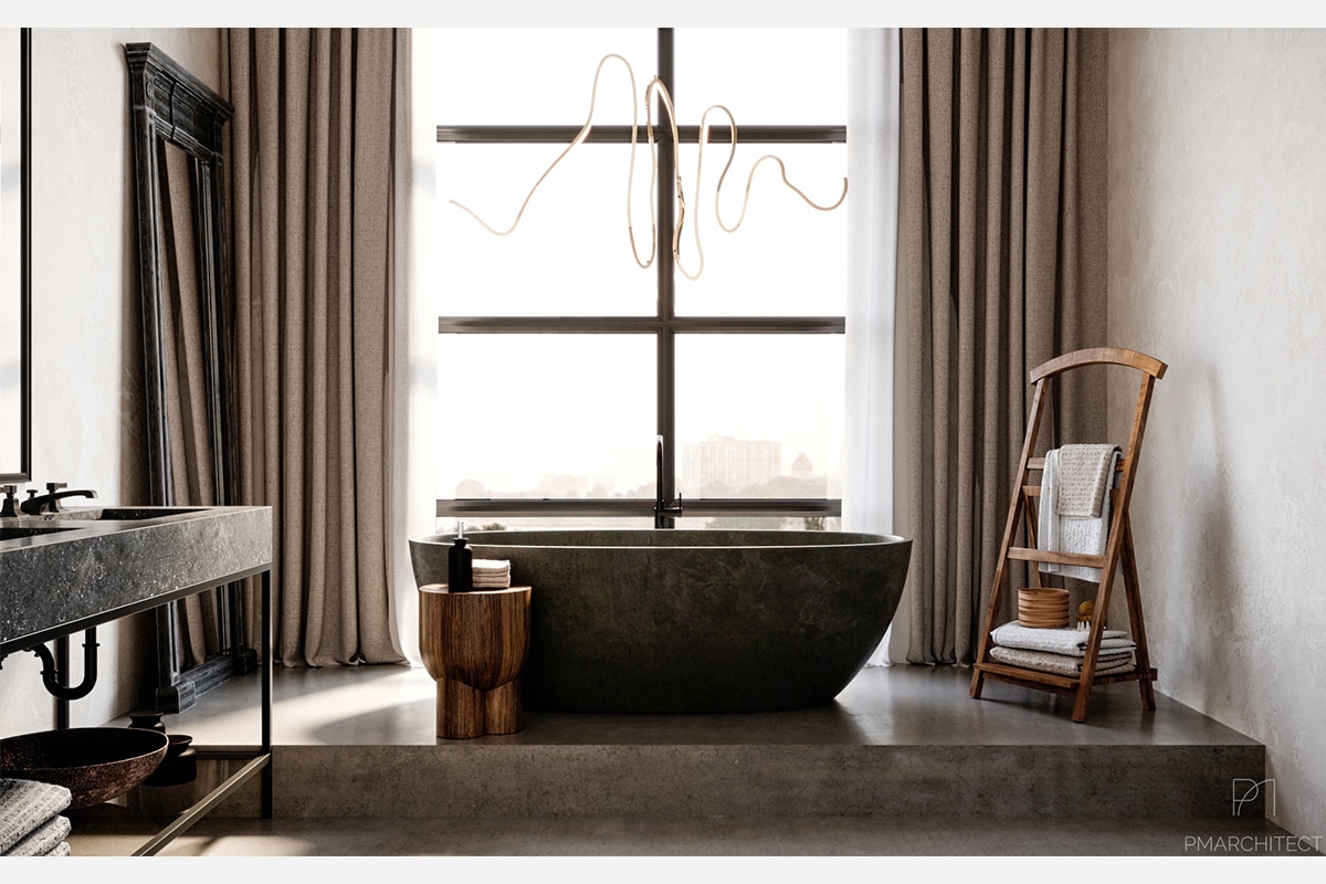 Free-standing concrete bathtub in a room with panoramic windows